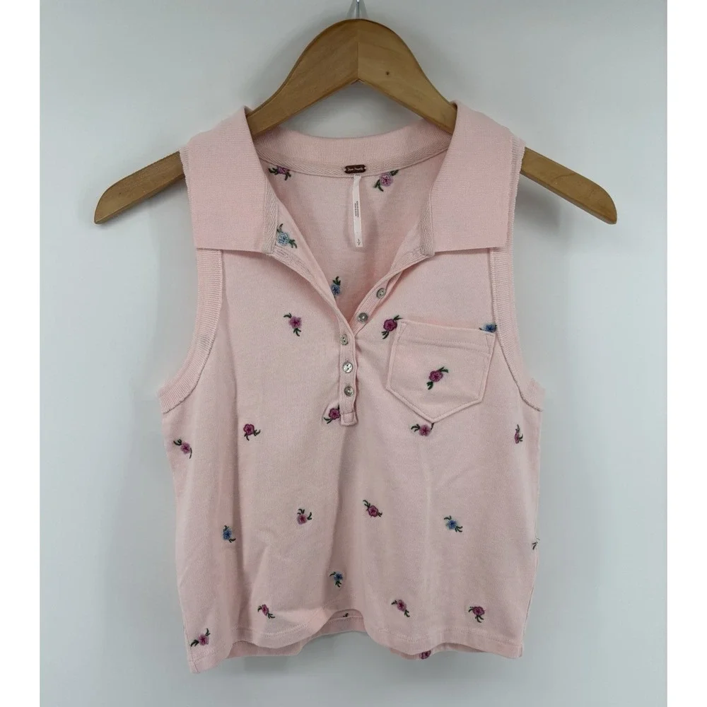Free People Pink Pepper Knit Polo Sz S Embroidered Floral Preppy $90